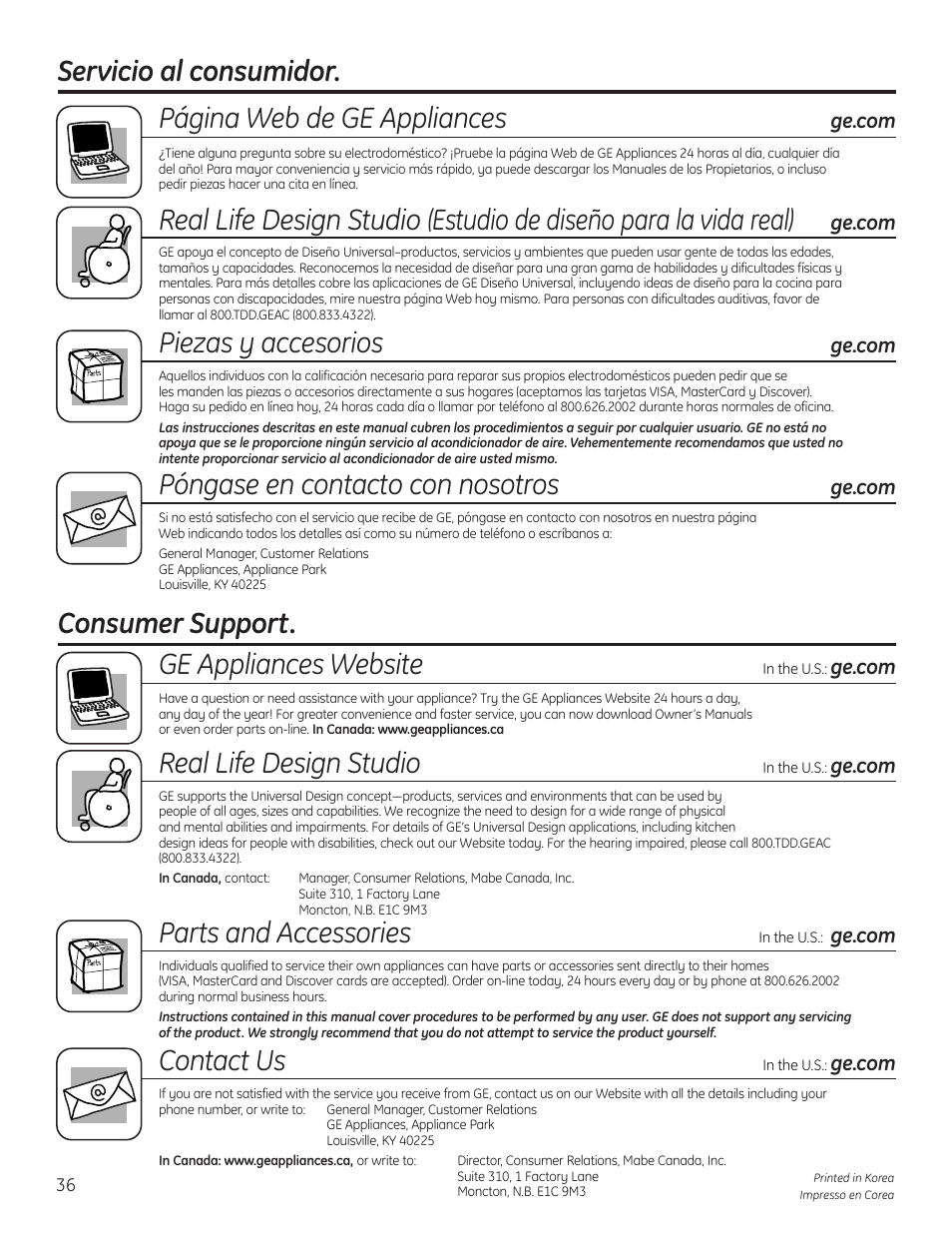 Consumer support, Servicio al consumidor, Piezas y accesorios | Póngase en contacto con nosotros, Consumer support. ge appliances website, Real life design studio, Parts and accessories, Contact us | GE AFHC09AM User Manual | Page 36 / 36