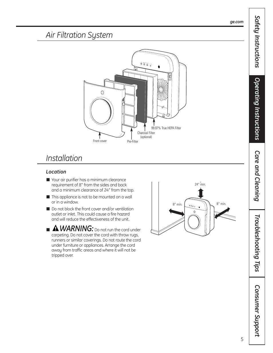 Warning, Air filtration system, Installation | GE AFHC09AM User Manual | Page 5 / 36