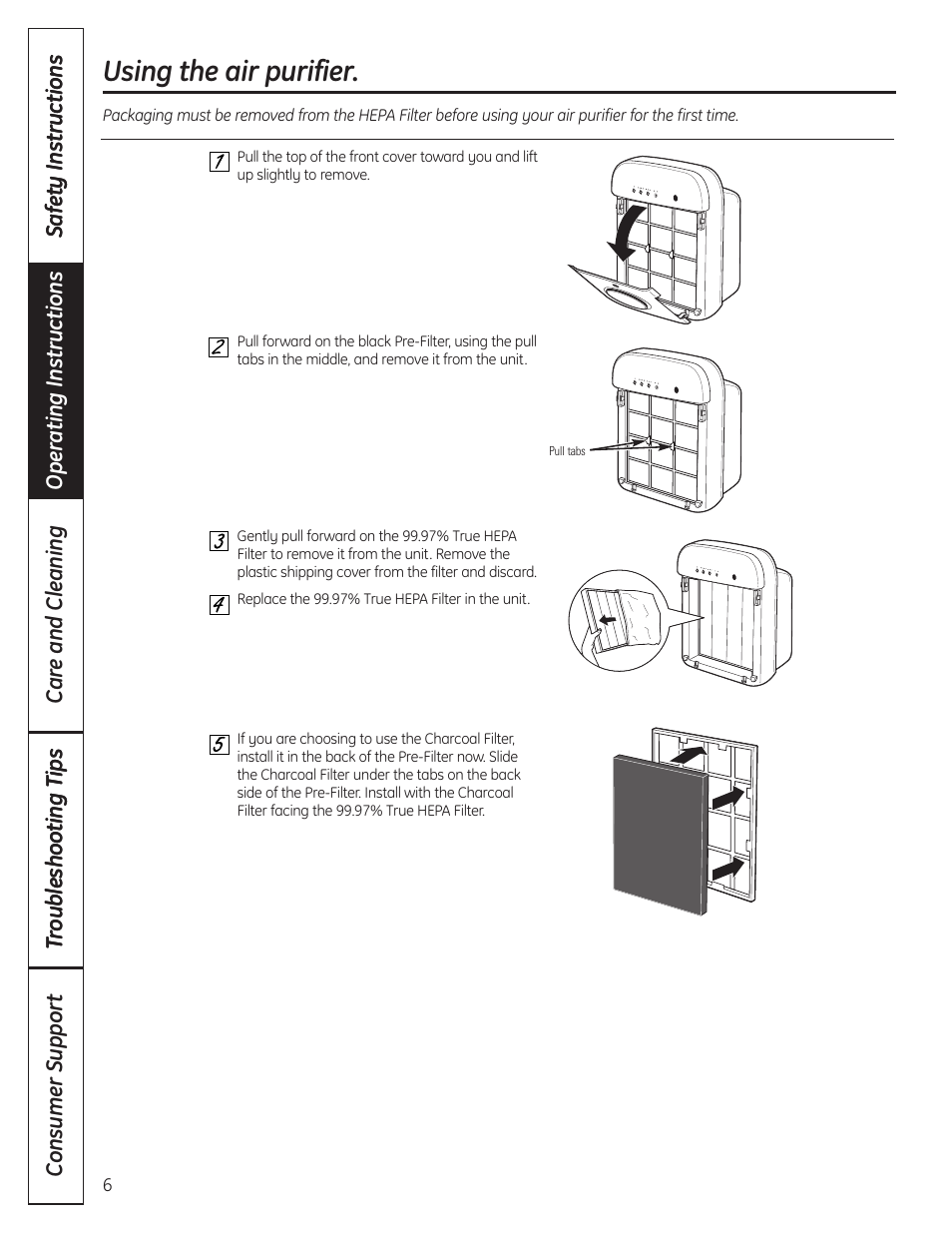 Using the air purifier, Using the air purifier , 7 | GE AFHC09AM User Manual | Page 6 / 36