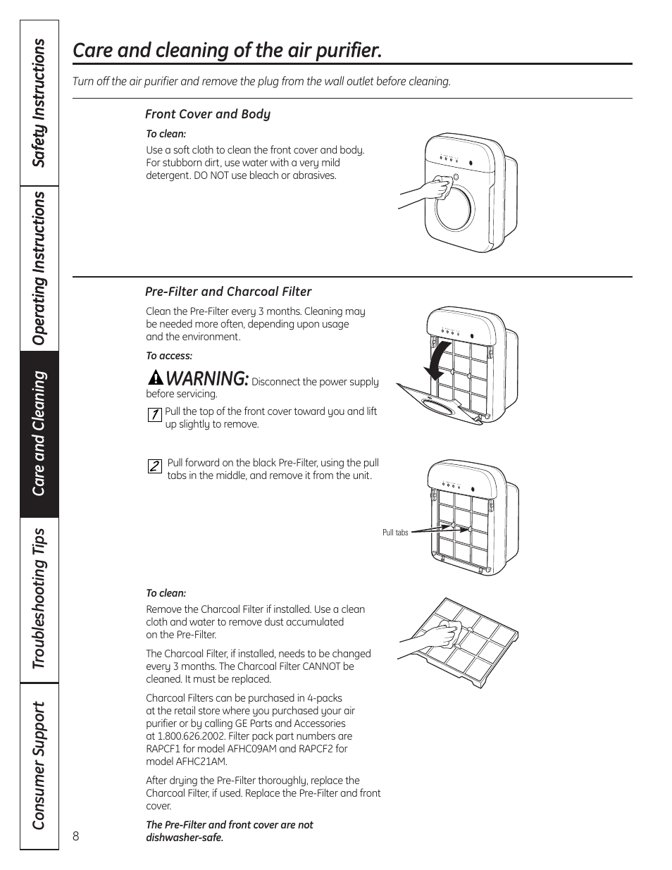 Front cover and body, Pre-filter and charcoal filter, Care and cleaning of the air purifier | Warning | GE AFHC09AM User Manual | Page 8 / 36