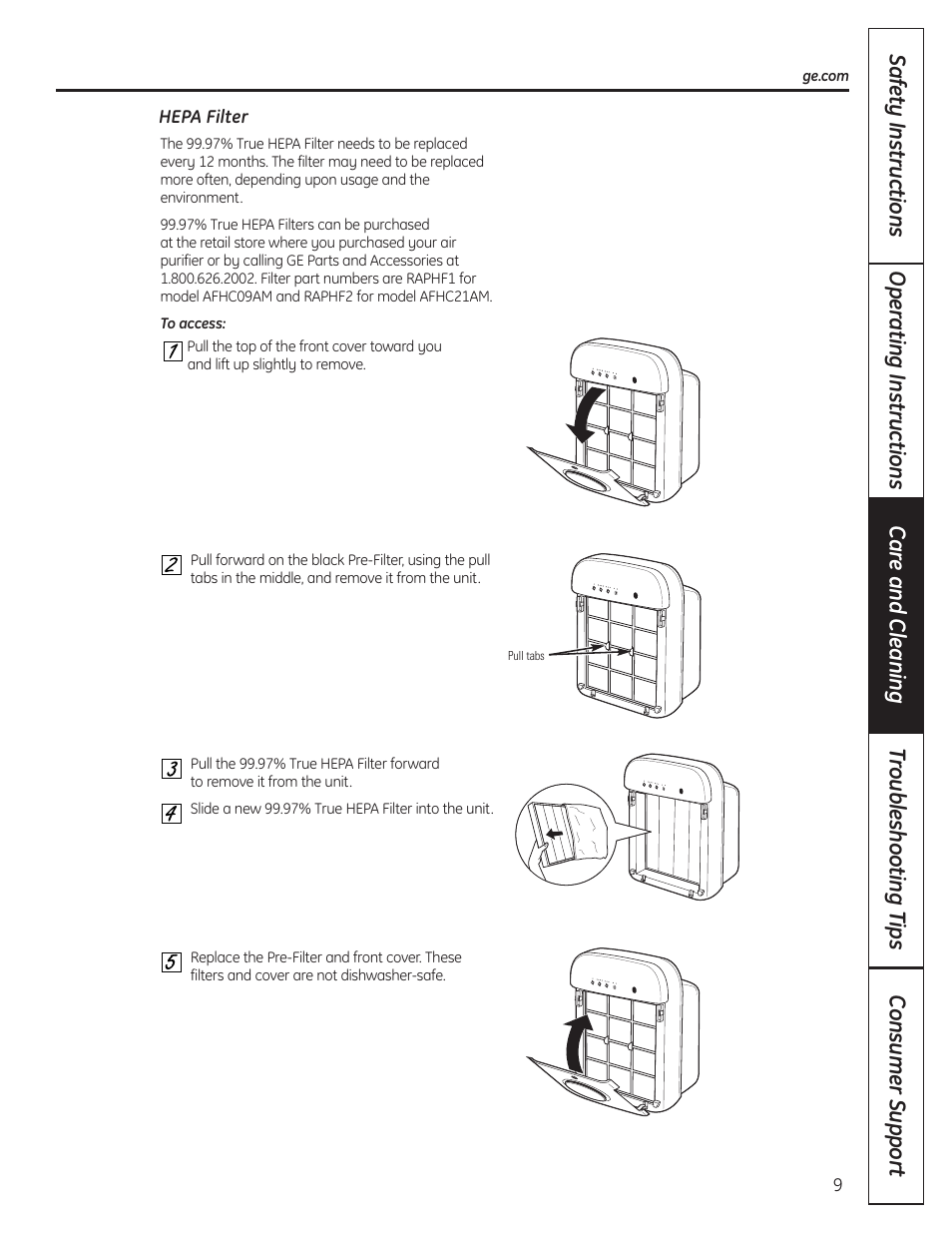 97% true hepa filter | GE AFHC09AM User Manual | Page 9 / 36