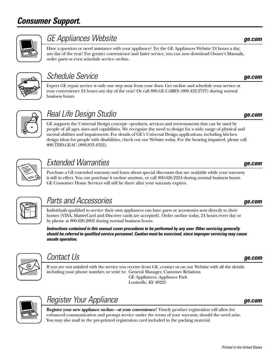 Consumer support, Consumer support . . back cover, Consumer support. ge appliances website | Schedule service, Real life design studio, Extended warranties, Parts and accessories, Contact us, Register your appliance | GE JKP2527 User Manual | Page 28 / 28