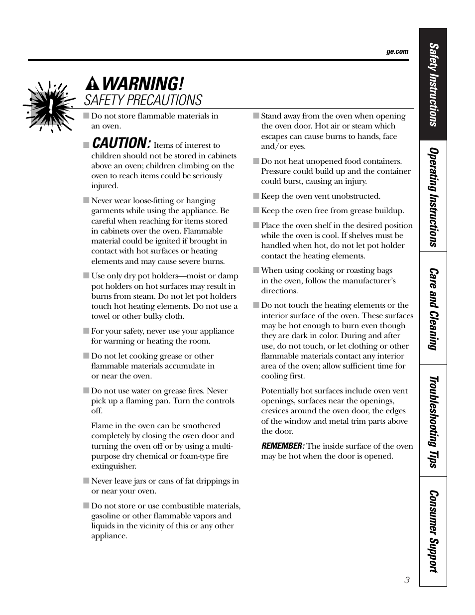 Warning, Caution, Safety precautions | GE JKP2527 User Manual | Page 3 / 28