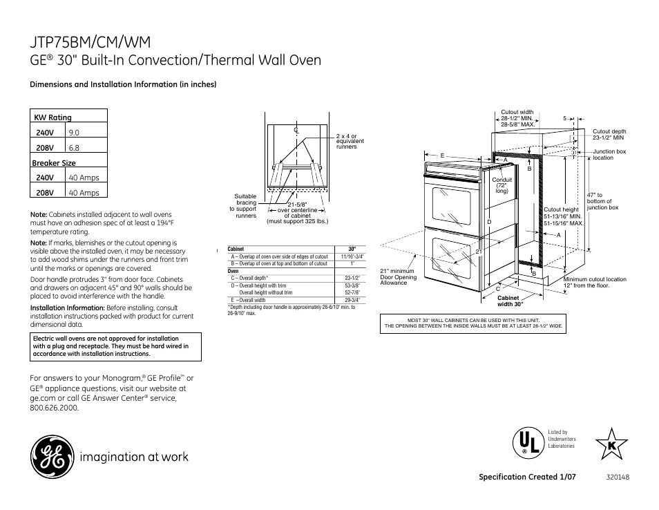 GE JTP75WM User Manual | 2 pages