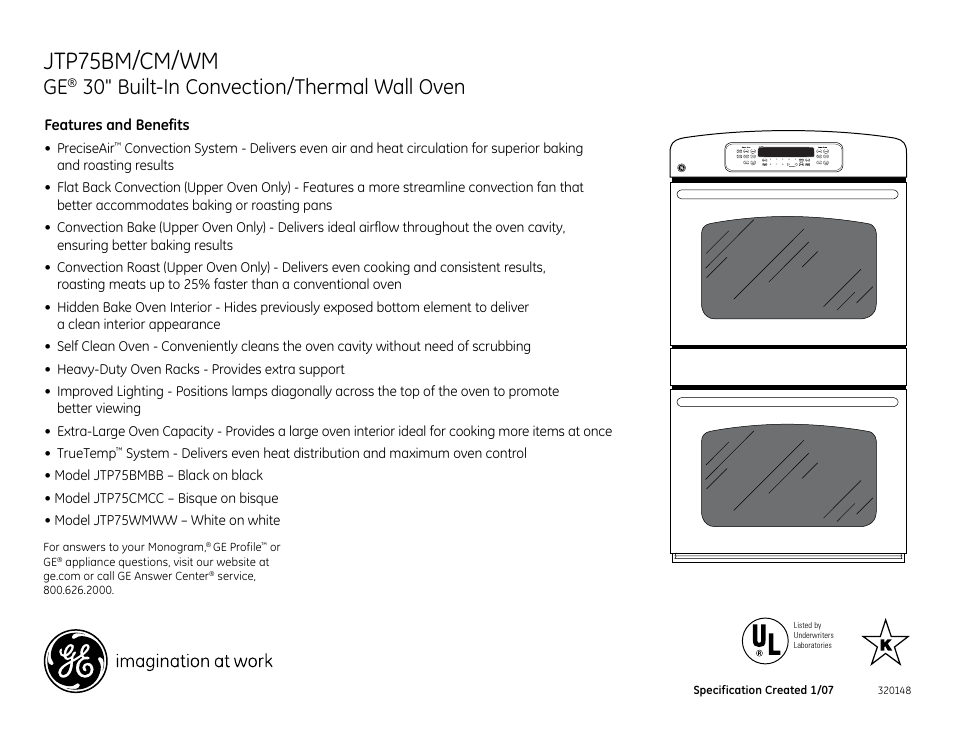 Jtp75bm/cm/wm, 30" built-in convection/thermal wall oven, Jtp75wm/cm/bm | Features and benefits | GE JTP75WM User Manual | Page 2 / 2