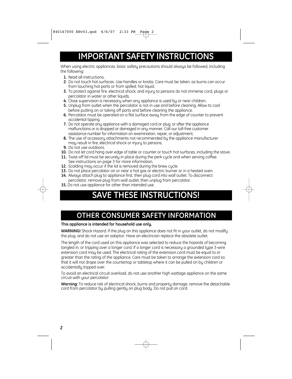 Other consumer safety information | GE 840167000 User Manual | Page 2 / 6