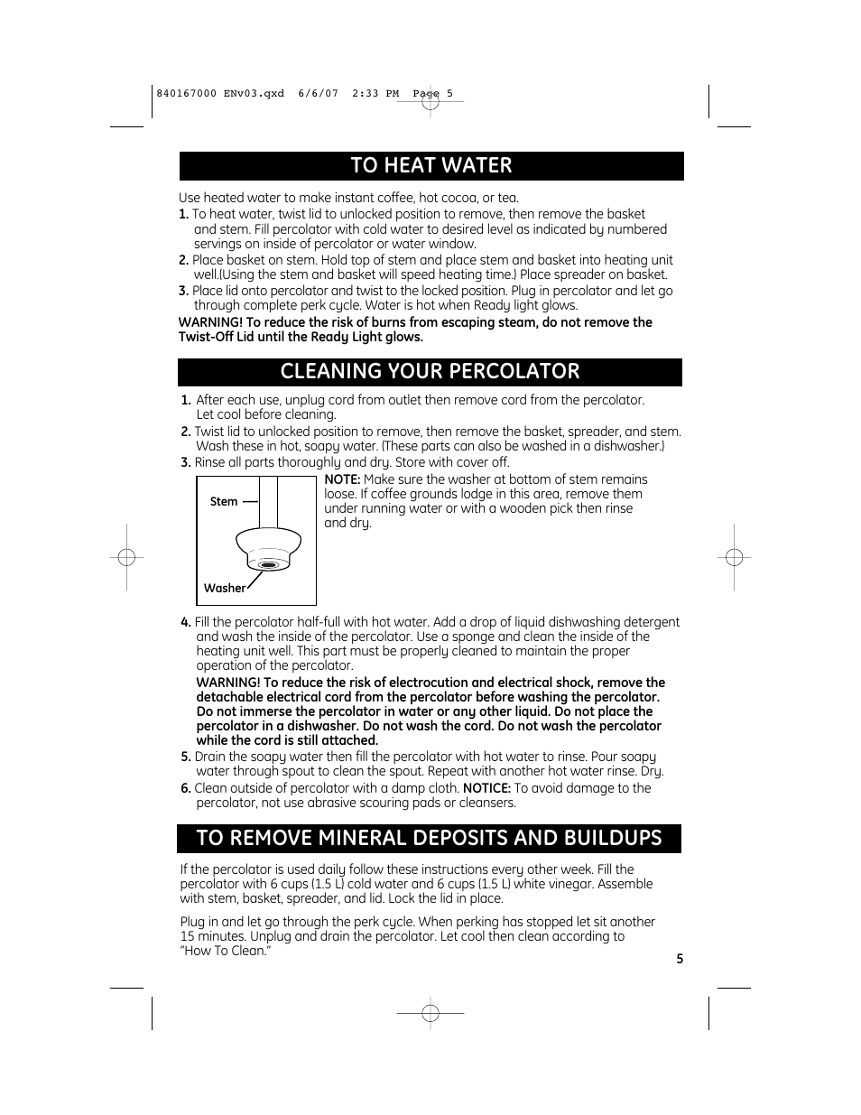 Cleaning your percolator | GE 840167000 User Manual | Page 5 / 6