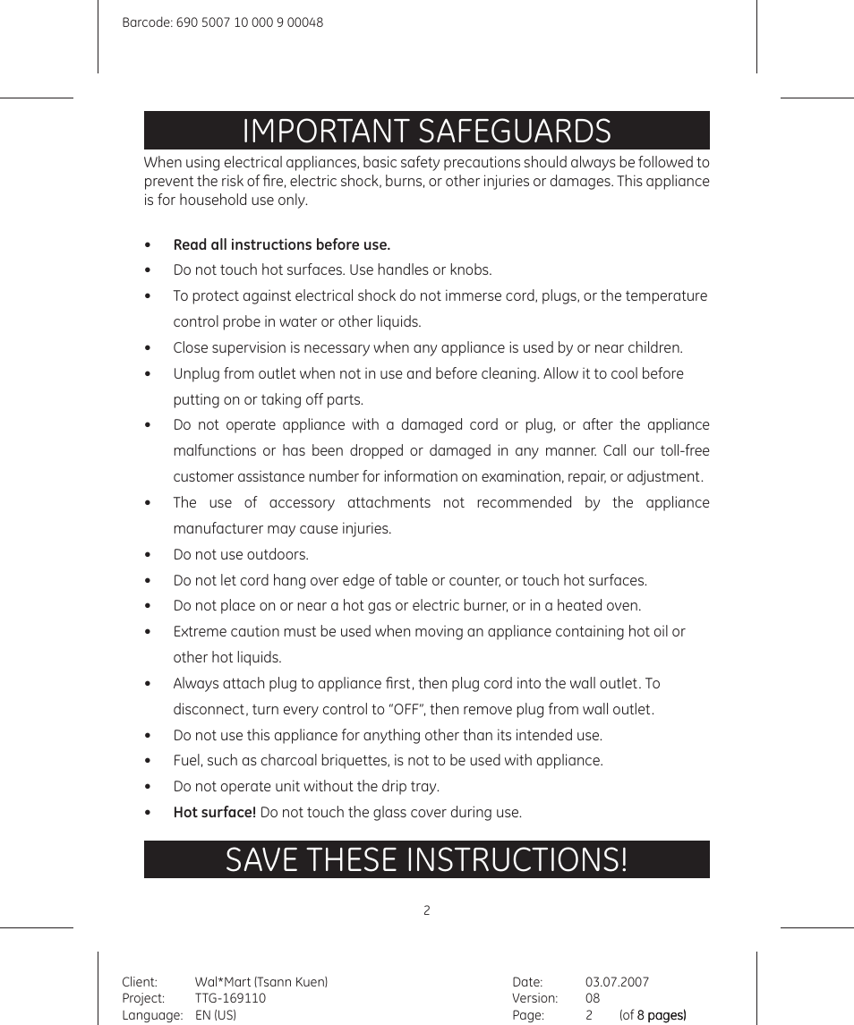 Important safeguards, Save these instructions | GE 681131691109 User Manual | Page 2 / 8