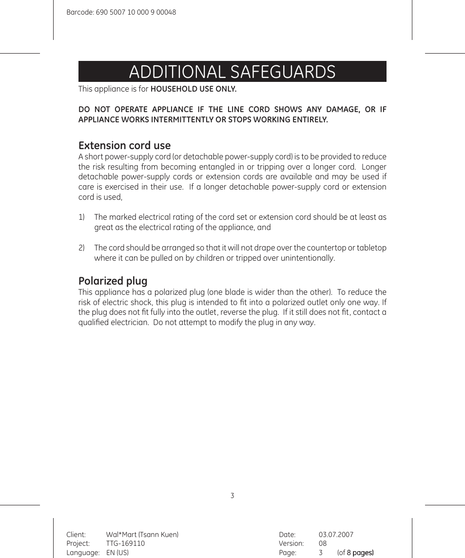 Additional safeguards, Extension cord use, Polarized plug | GE 681131691109 User Manual | Page 3 / 8