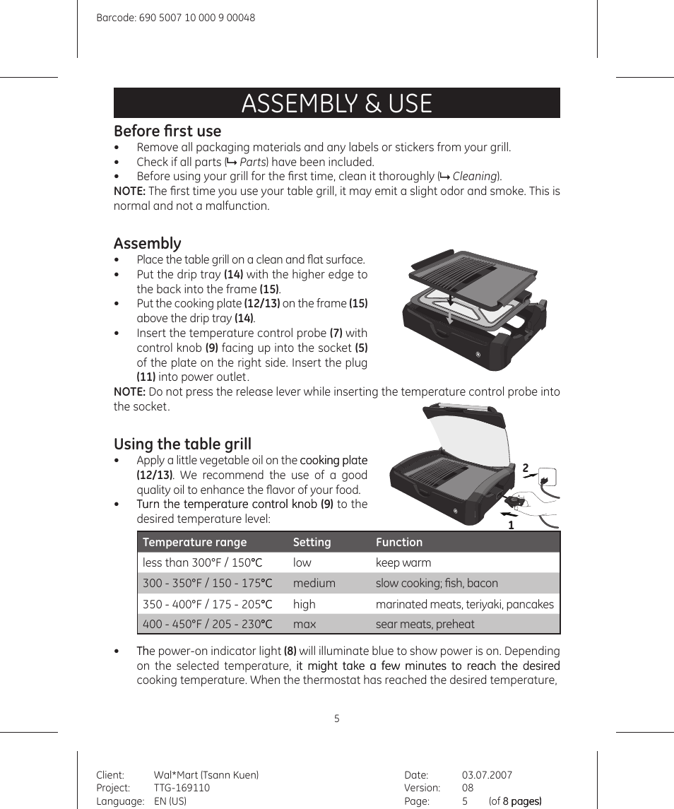 Assembly & use, Before first use, Assembly | Using the table grill | GE 681131691109 User Manual | Page 5 / 8