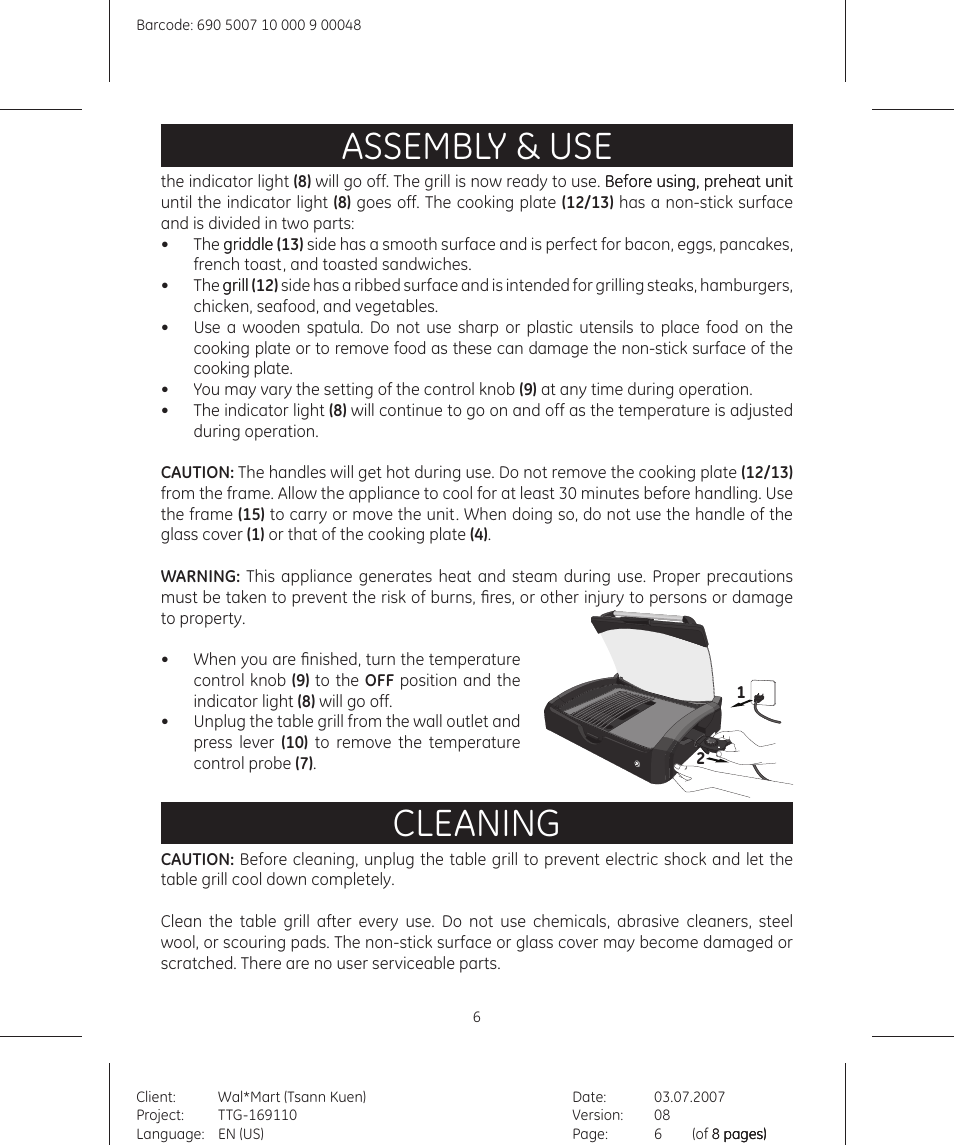 Assembly & use, Cleaning | GE 681131691109 User Manual | Page 6 / 8