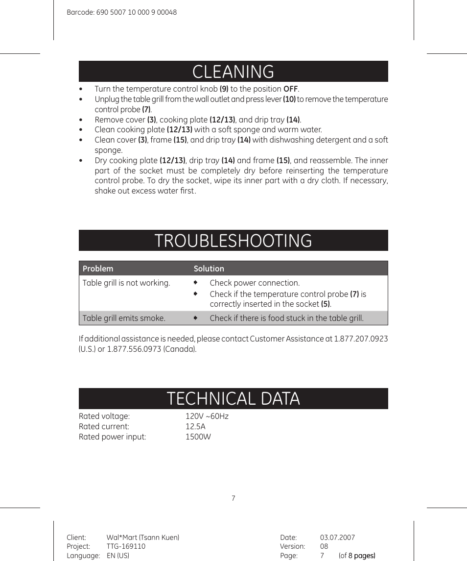 Cleaning, Troubleshooting, Technical data | GE 681131691109 User Manual | Page 7 / 8