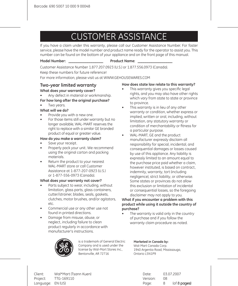 Customer assistance, Two-year limited warranty | GE 681131691109 User Manual | Page 8 / 8