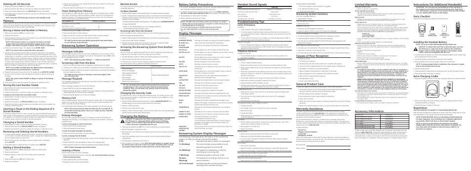 Answering system operation, Changing the battery, Handset sound signals | Troubleshooting tips, Limited warranty, Instructions for additional handset(s), Causes of poor reception, General product care, Warranty assistance, Battery safety precautions | GE 25942 User Manual | Page 2 / 2