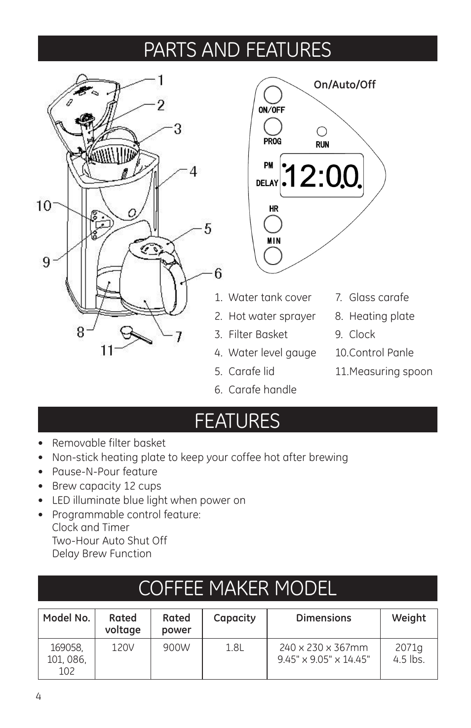 Parts and features, Features coffee maker model | GE 681131691017 User Manual | Page 4 / 9