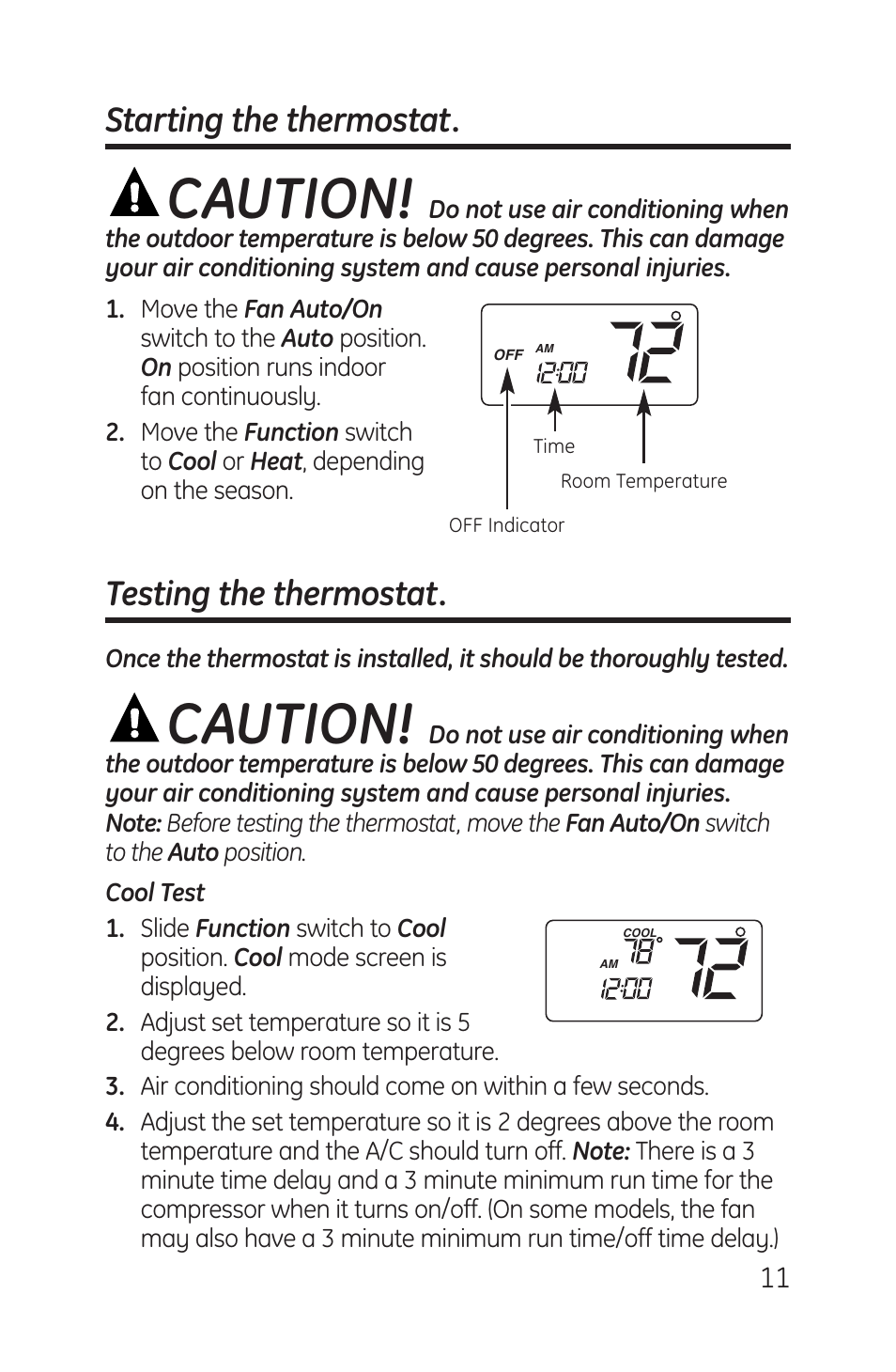 Starting the thermostat, Testing the thermostat, Starting the thermostat testing the thermostat –12 | Caution | GE RAK148P1 User Manual | Page 11 / 24