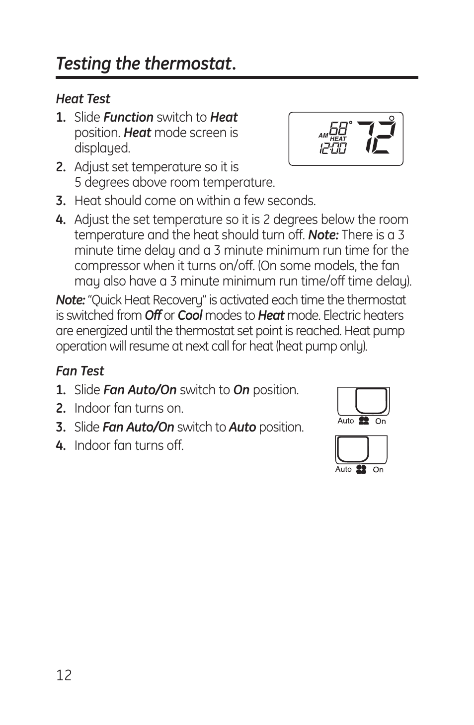 Testing the thermostat | GE RAK148P1 User Manual | Page 12 / 24
