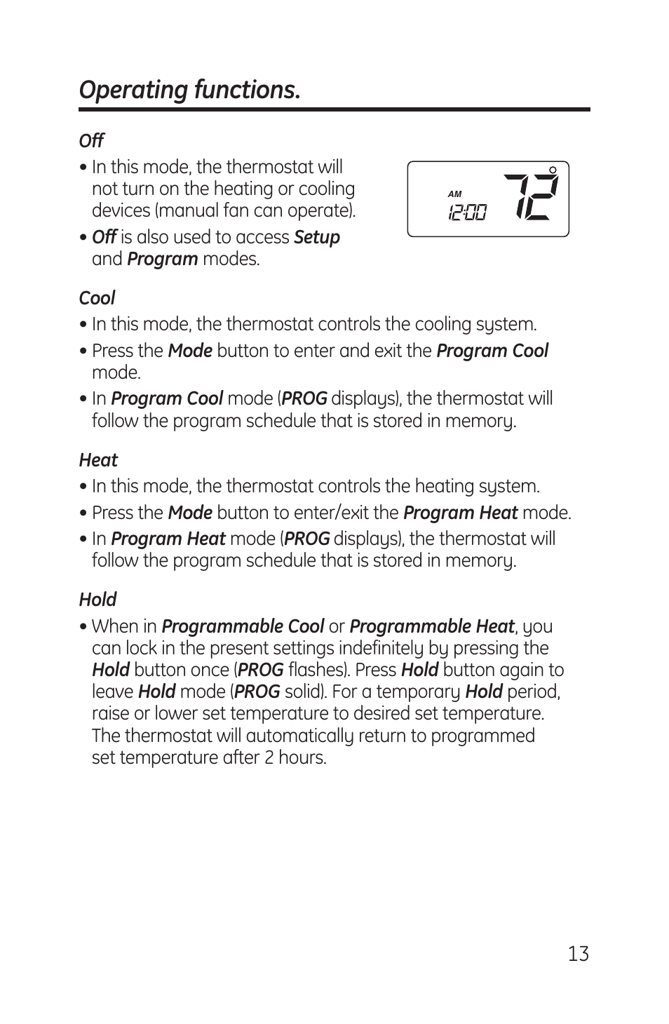 Operating functions | GE RAK148P1 User Manual | Page 13 / 24