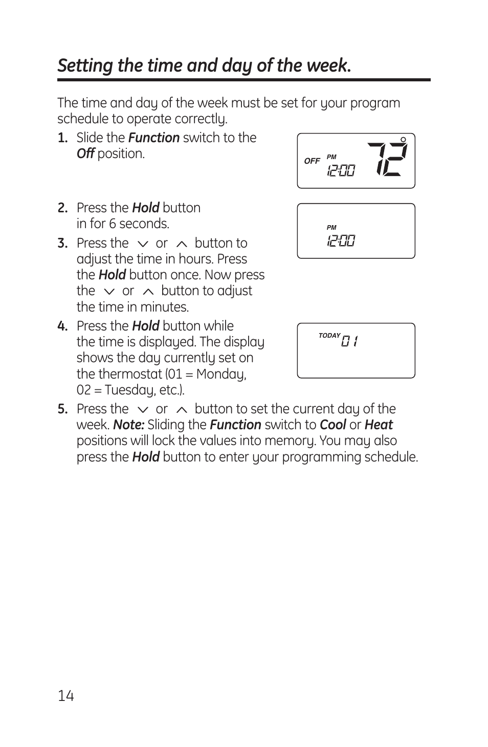 Setting the time and day of the week | GE RAK148P1 User Manual | Page 14 / 24