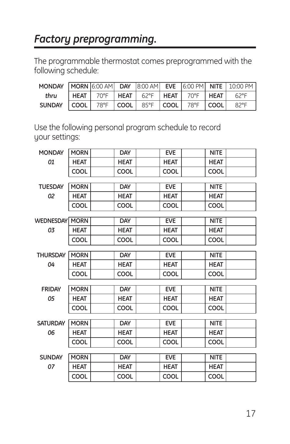 Factory preprogramming | GE RAK148P1 User Manual | Page 17 / 24