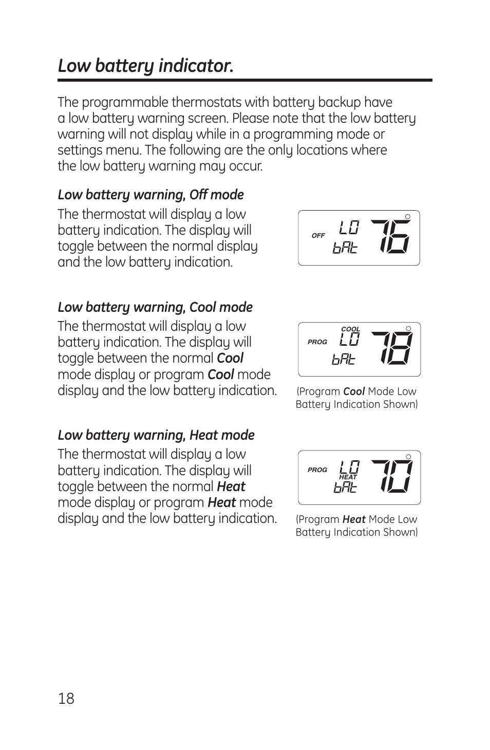 Low battery/combination failure indicators, Low battery/combination failure indicators –19, Low battery indicator | GE RAK148P1 User Manual | Page 18 / 24