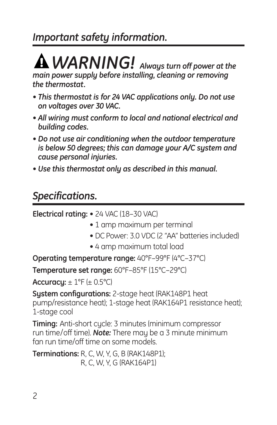 Important safety information, Specifications, Warning | Important safety information. specifications | GE RAK148P1 User Manual | Page 2 / 24