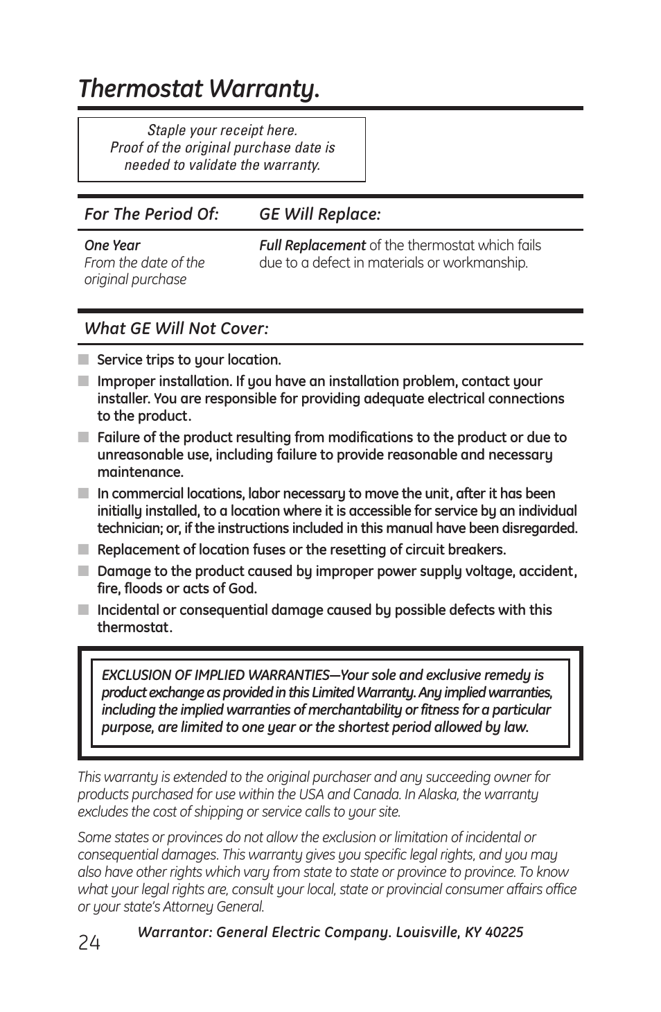 Warranty, Thermostat warranty | GE RAK148P1 User Manual | Page 24 / 24