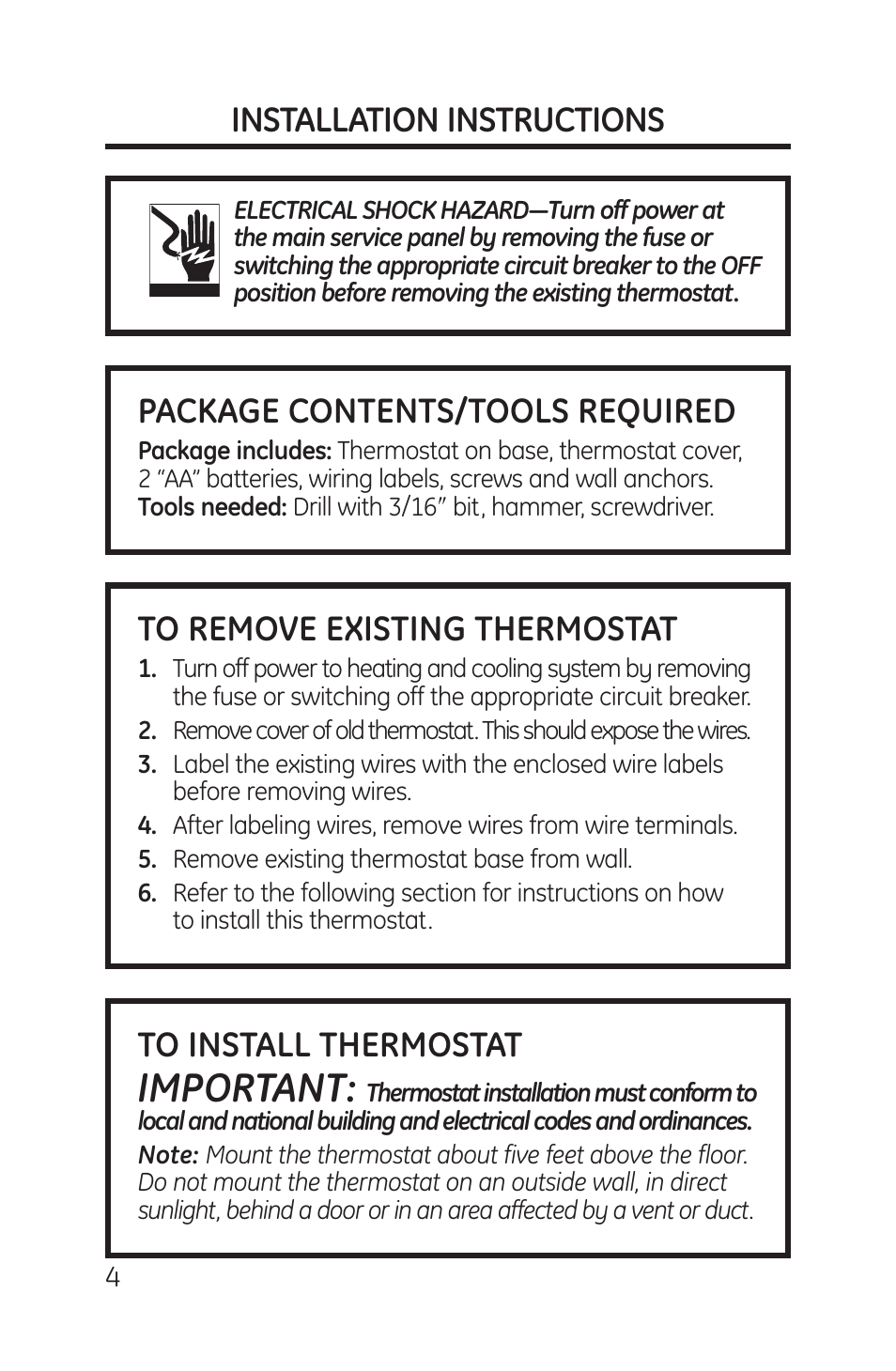 Installation instructions, Installation instructions –7, Important | Installation instructions to install thermostat, Package contents/tools required | GE RAK148P1 User Manual | Page 4 / 24