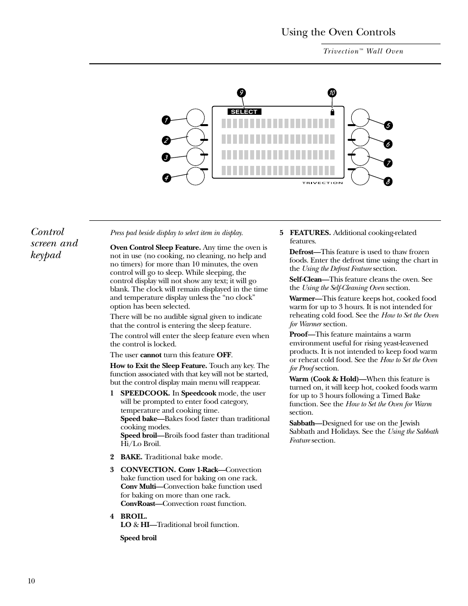 Using the oven controls, Control screen and keypad | GE ZET3038 User Manual | Page 10 / 48