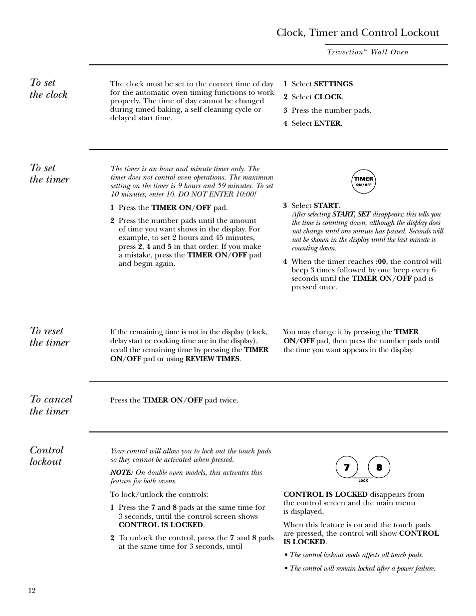 Clock, timer and control lockout, Control lockout | GE ZET3038 User Manual | Page 12 / 48