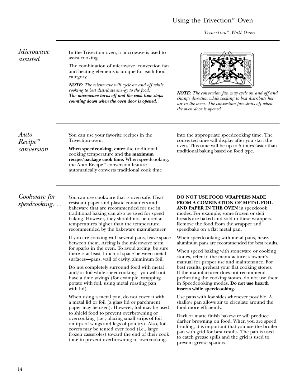 Using the trivection, Oven, Auto recipe | Conversion, Cookware for speedcooking, Microwave assisted | GE ZET3038 User Manual | Page 14 / 48