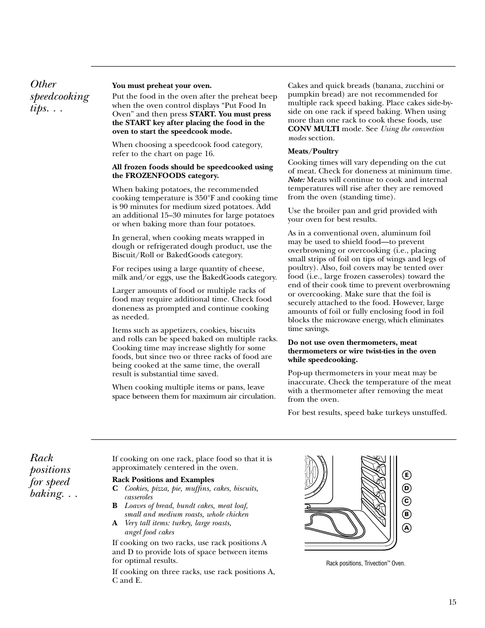 Other speedcooking tips, Rack positions for speed baking | GE ZET3038 User Manual | Page 15 / 48