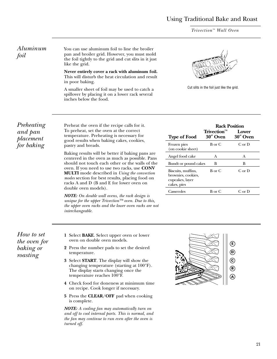 Traditional baking/roasting, Traditional baking/roasting , 22, Using traditional bake and roast | Aluminum foil, Preheating and pan placement for baking, How to set the oven for baking or roasting | GE ZET3038 User Manual | Page 21 / 48