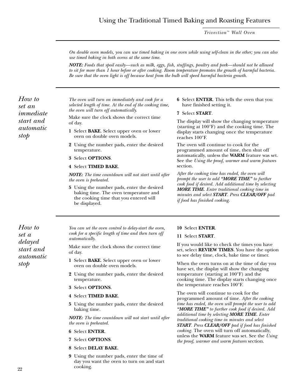 Timed baking & roasting, Timed baking & roasting , 26, 27, How to set an immediate start and automatic stop | How to set a delayed start and automatic stop | GE ZET3038 User Manual | Page 22 / 48