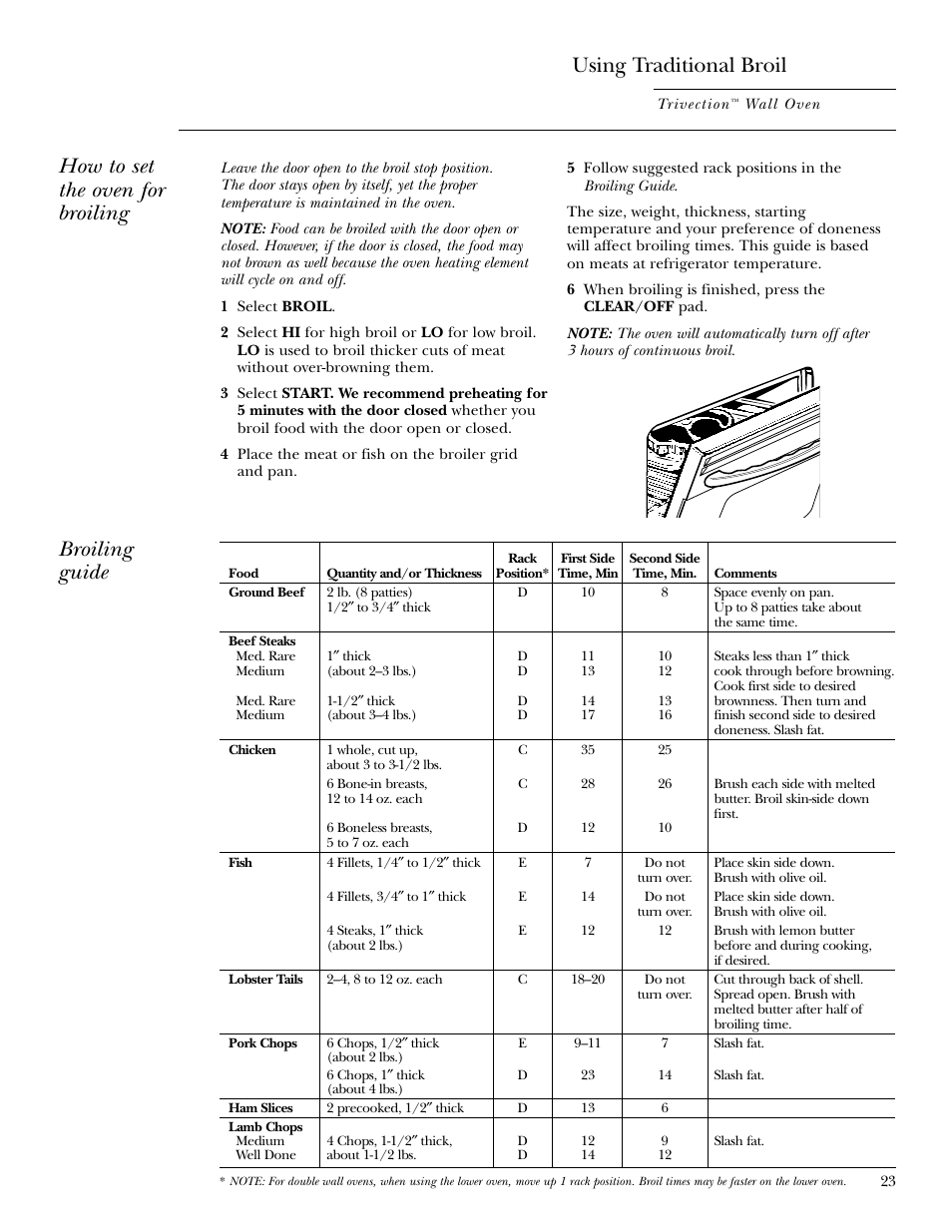 Traditional broiling, guide, Using traditional broil, How to set the oven for broiling | Broiling guide | GE ZET3038 User Manual | Page 23 / 48