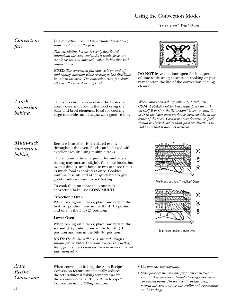 Convection, Convection –27, Using the convection modes | Convection fan, Multi-rack convection baking, Rack convection baking, Auto recipe, Conversion | GE ZET3038 User Manual | Page 24 / 48