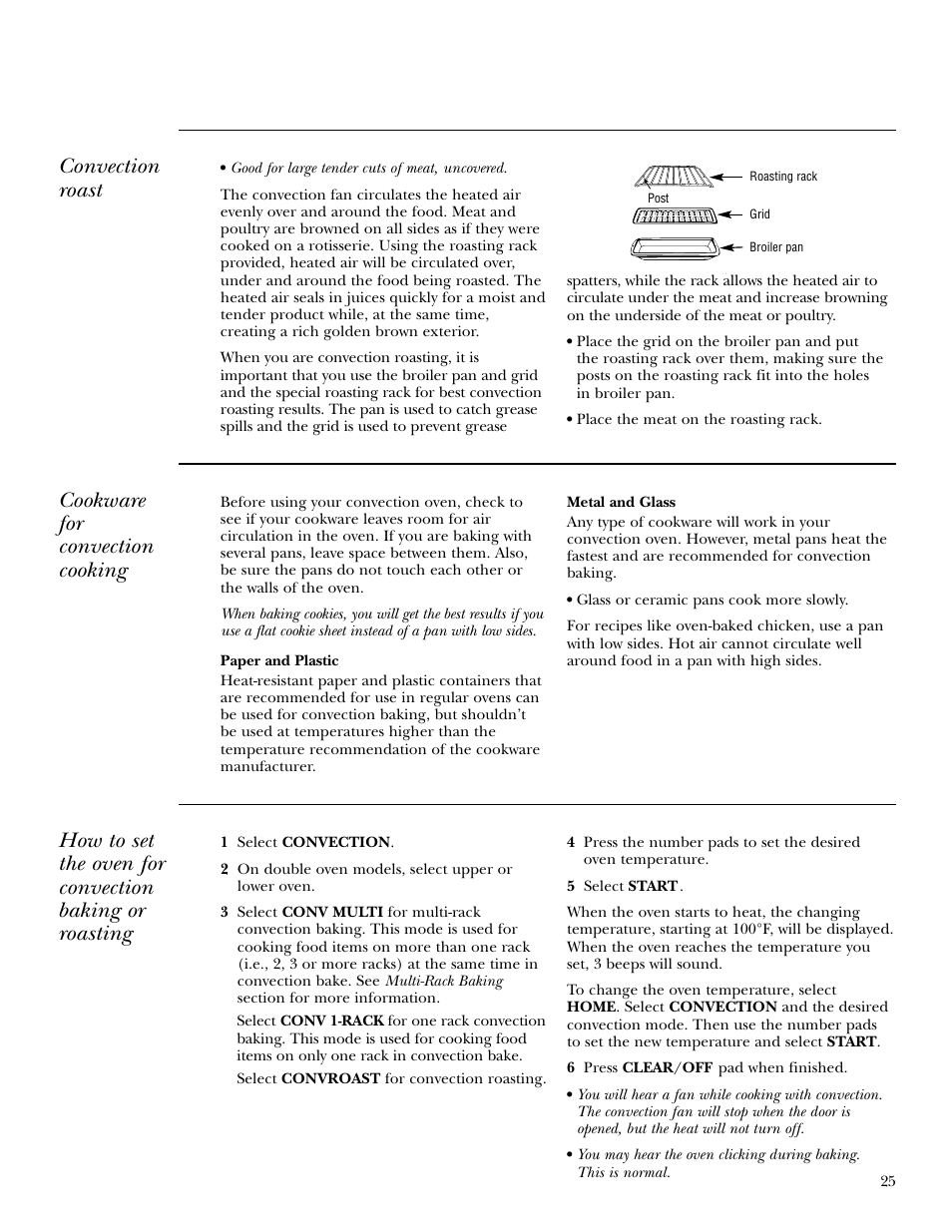 Convection roast, Cookware for convection cooking | GE ZET3038 User Manual | Page 25 / 48