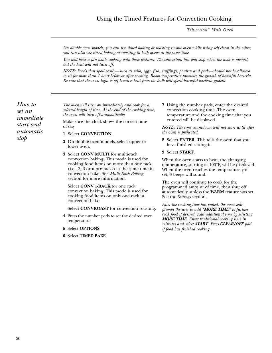Using the timed features for convection cooking, How to set an immediate start and automatic stop | GE ZET3038 User Manual | Page 26 / 48