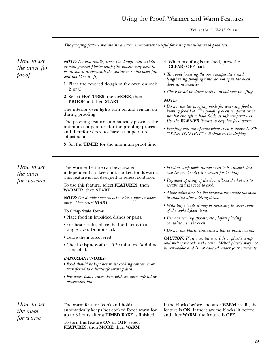 Proof, warmer and warm, How to set the oven for proof, Using the proof, warmer and warm features | How to set the oven for warmer, How to set the oven for warm | GE ZET3038 User Manual | Page 29 / 48