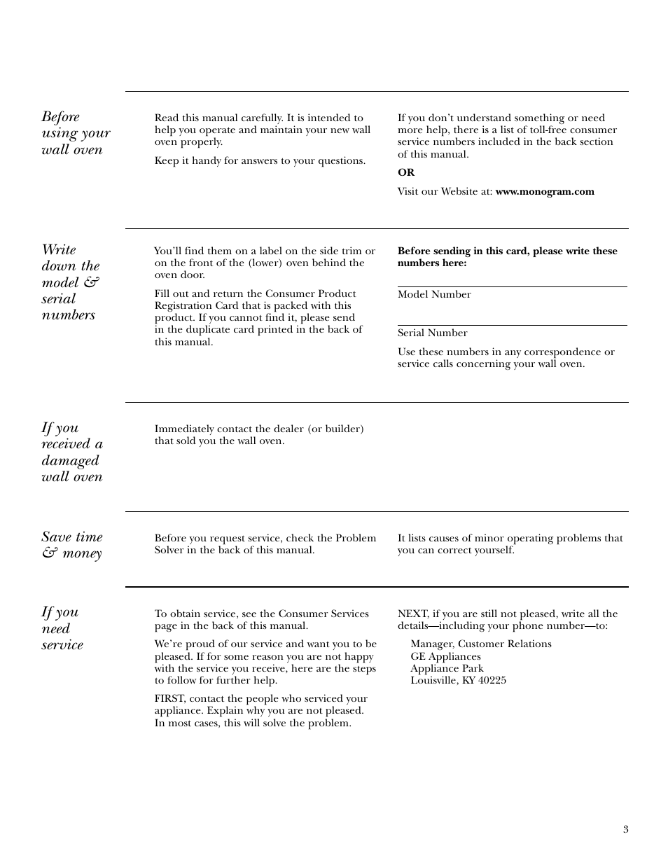Model and serial numbers, If you need service, Before using your wall oven | Write down the model & serial numbers, If you received a damaged wall oven, Save time & money | GE ZET3038 User Manual | Page 3 / 48
