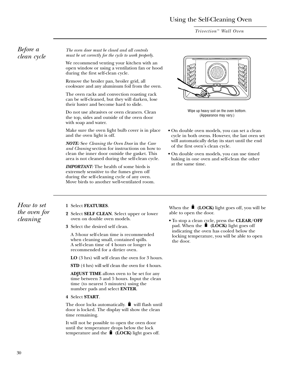 Self-cleaning oven, Self-cleaning oven , 31, Using the self-cleaning oven | Before a clean cycle, How to set the oven for cleaning | GE ZET3038 User Manual | Page 30 / 48