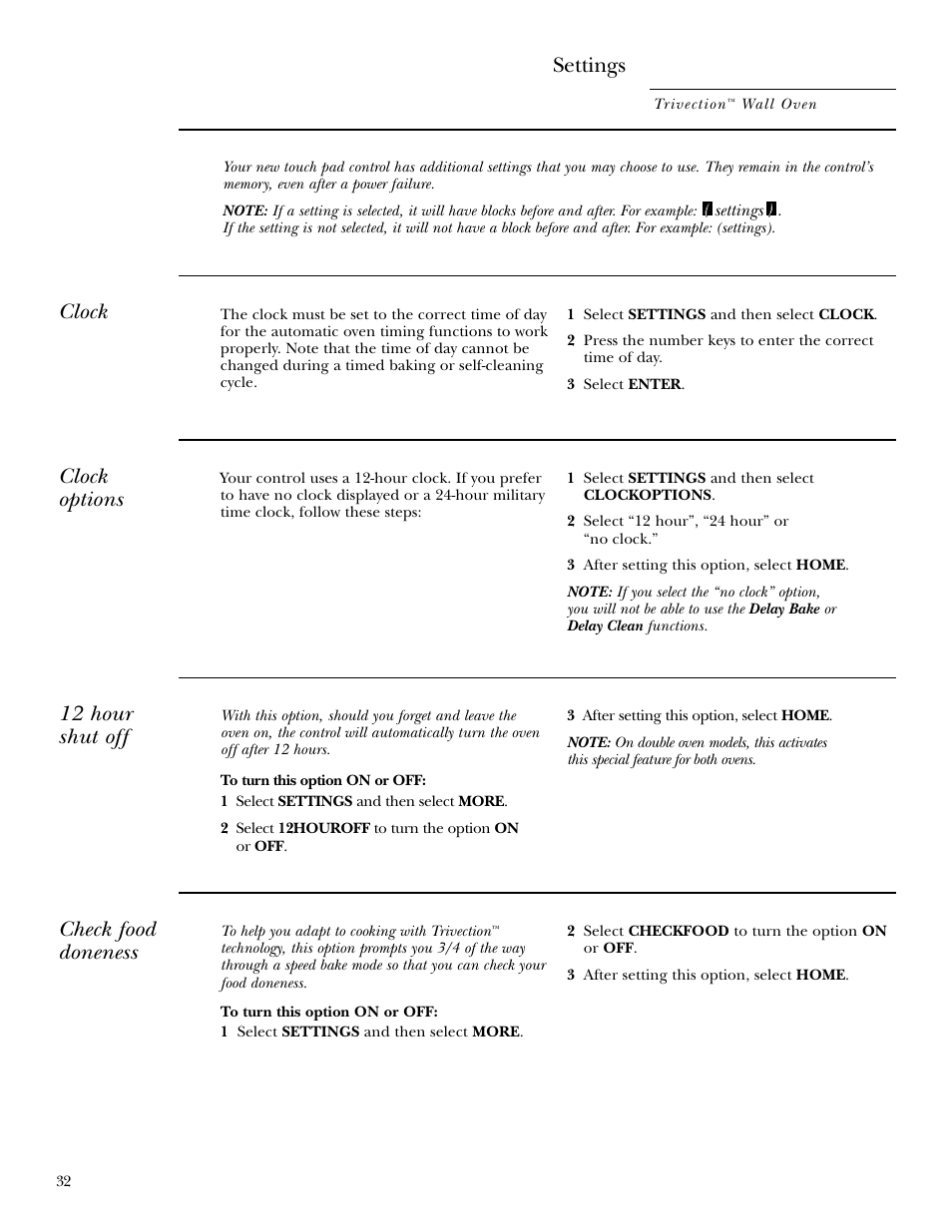 Settings, Settings , 33, Clock | Clock options, 12 hour shut off, Check food doneness | GE ZET3038 User Manual | Page 32 / 48