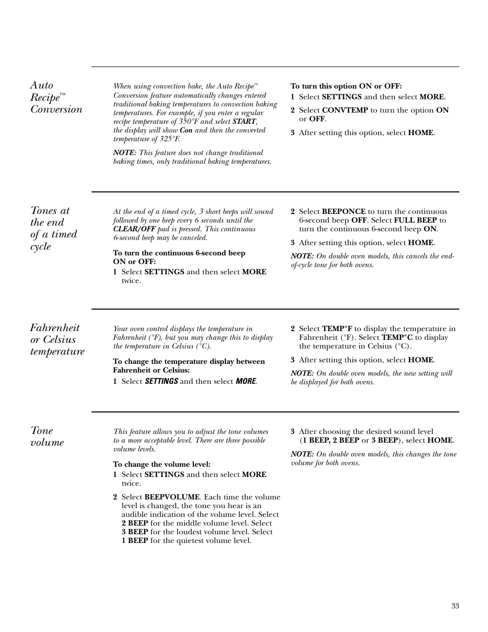 Auto recipe, Conversion, Tones at the end of a timed cycle | Fahrenheit or celsius temperature, Tone volume | GE ZET3038 User Manual | Page 33 / 48