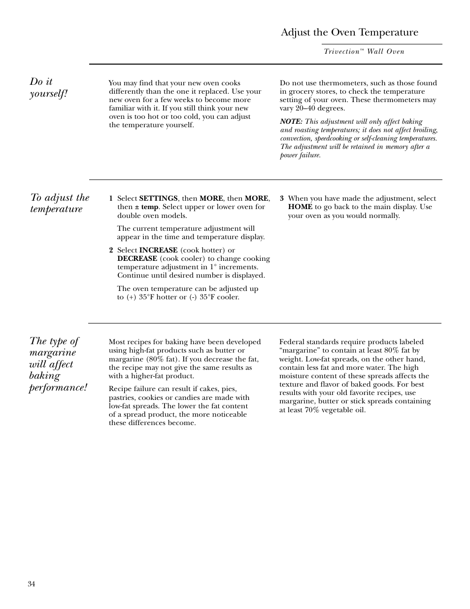 Adjusting temperature, Adjust the oven temperature, Do it yourself | GE ZET3038 User Manual | Page 34 / 48