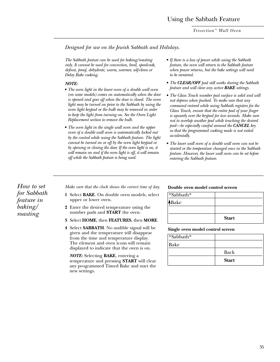 Sabbath feature, Sabbath feature , 36, Using the sabbath feature | How to set for sabbath feature in baking/ roasting | GE ZET3038 User Manual | Page 35 / 48