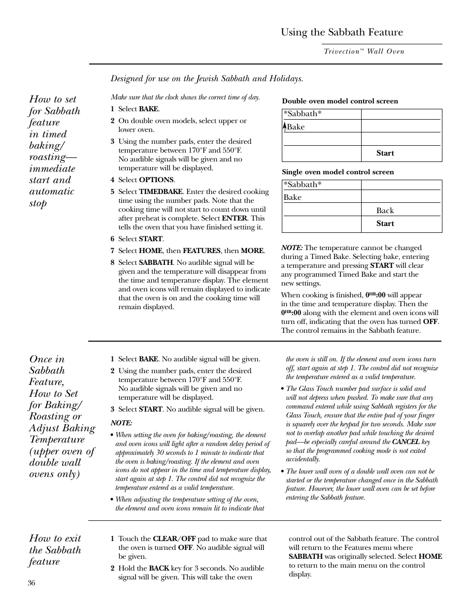 Using the sabbath feature, How to exit the sabbath feature | GE ZET3038 User Manual | Page 36 / 48