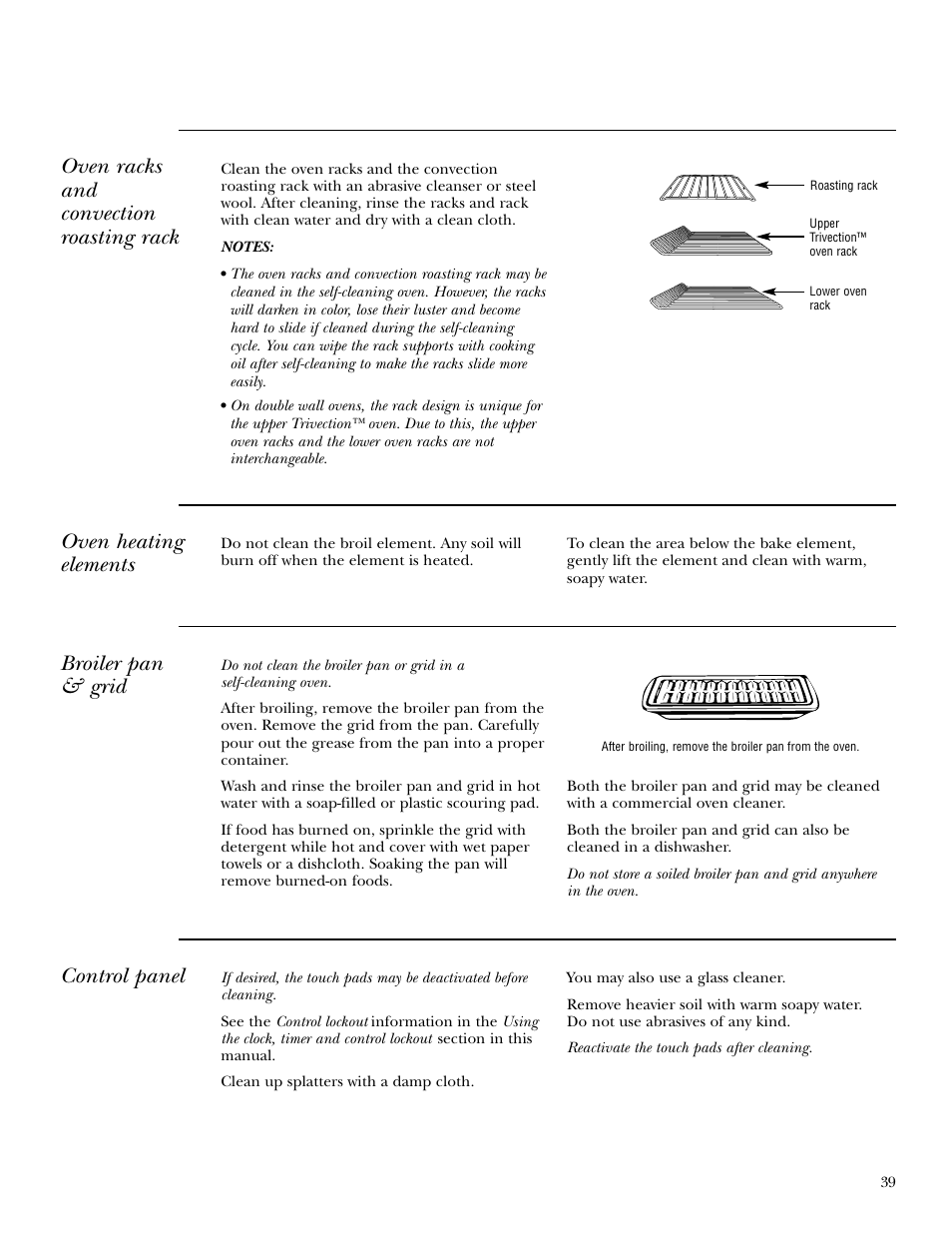 Broiler pan and grid, Control panel, Racks | Oven racks and convection roasting rack, Oven heating elements, Broiler pan & grid | GE ZET3038 User Manual | Page 39 / 48