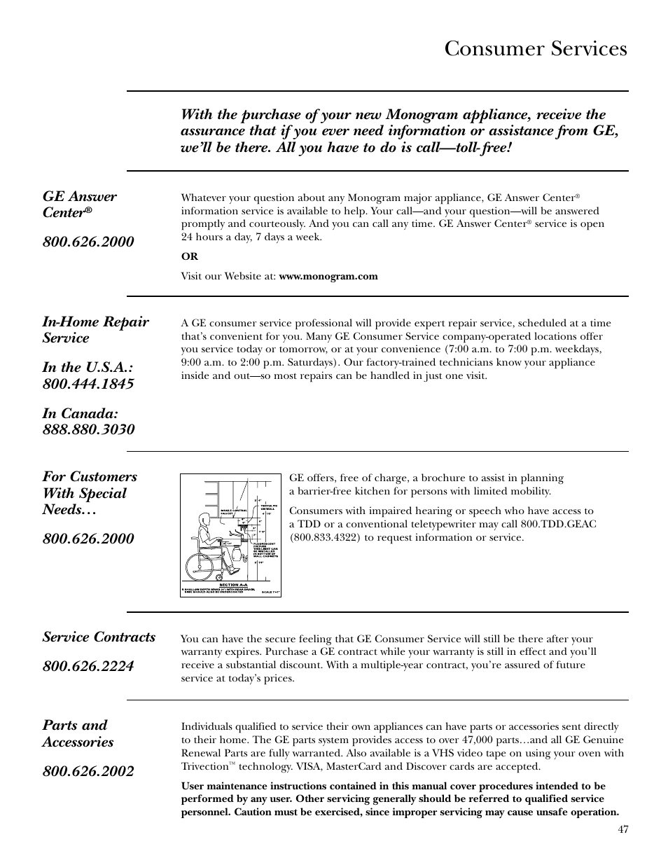 Important phone numbers, Consumer services | GE ZET3038 User Manual | Page 47 / 48