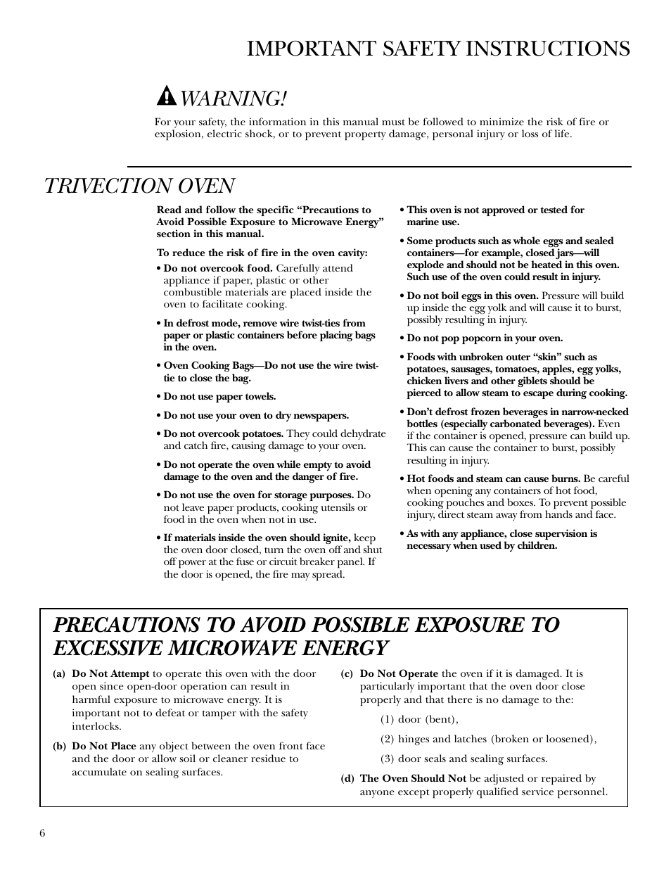 Important safety instructions trivection oven, Warning | GE ZET3038 User Manual | Page 6 / 48