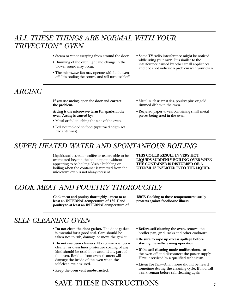 All these things are normal with your trivection, Oven, Arcing | Super heated water and spontaneous boiling, Cook meat and poultry thoroughly, Self-cleaning oven, Save these instructions | GE ZET3038 User Manual | Page 7 / 48